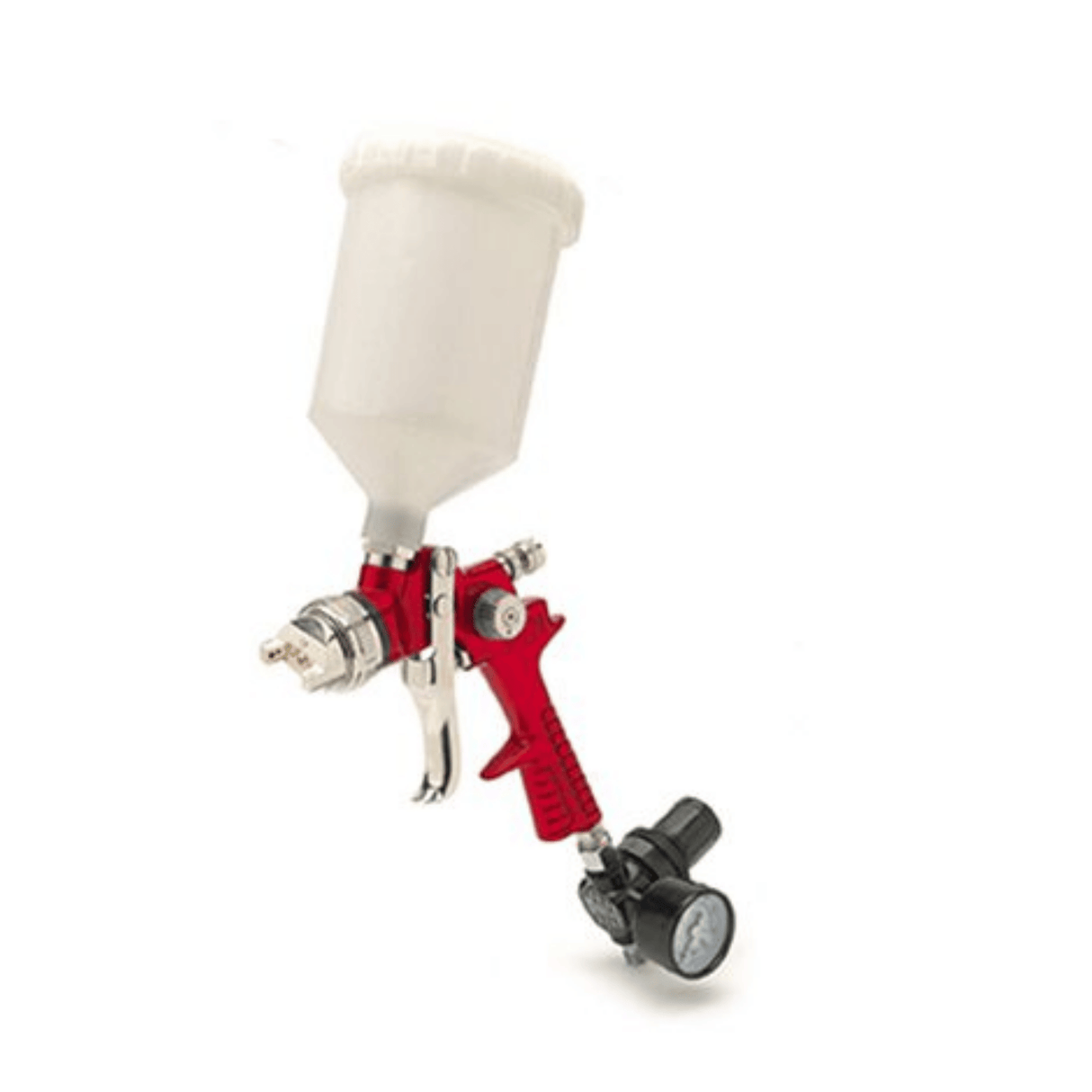 Spray gun with white container and red and silver body on a white background